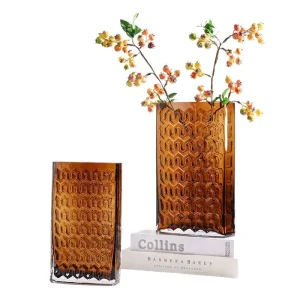 Modern Geometric Glass Vase – Square Relief Design for Stylish Floral Displays