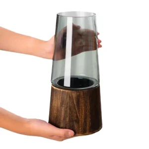 Juhan Light Luxury Glass Vase with Wooden Tray – Elegant Flower Arrangement Decor