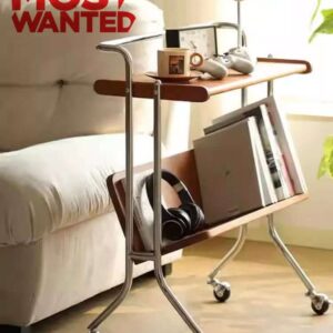 Modern 2-Tier Movable Sofa Side Table and Wooden Bar Cart with Magazine Rack