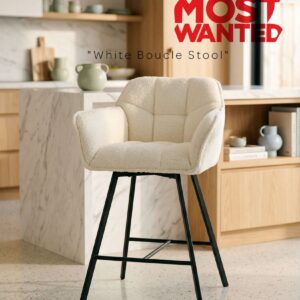 Premium White Boucle Bar Stool with Matte Black Legs - Modern Armchair Design
